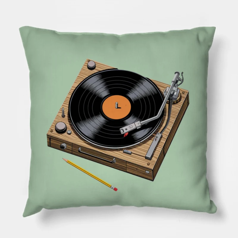 Vintage Wooden Turntable with Vinyl Record and Pencil Throw Pillow