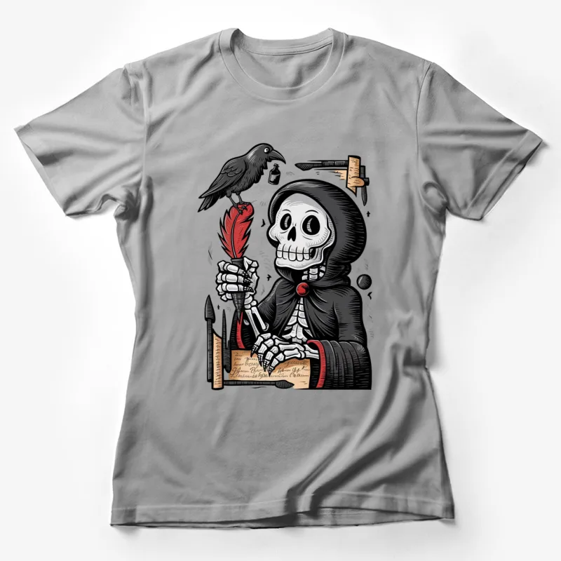 death skeleton grim reaper raven quill ink gothic macabre Female T-Shirt