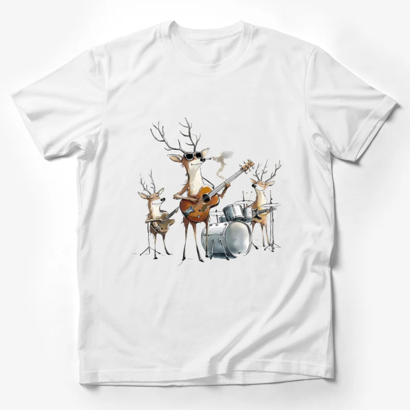 cartoon animals deer band musical instruments guitar drums cool deer smoking deer sunglasses Male T-Shirt