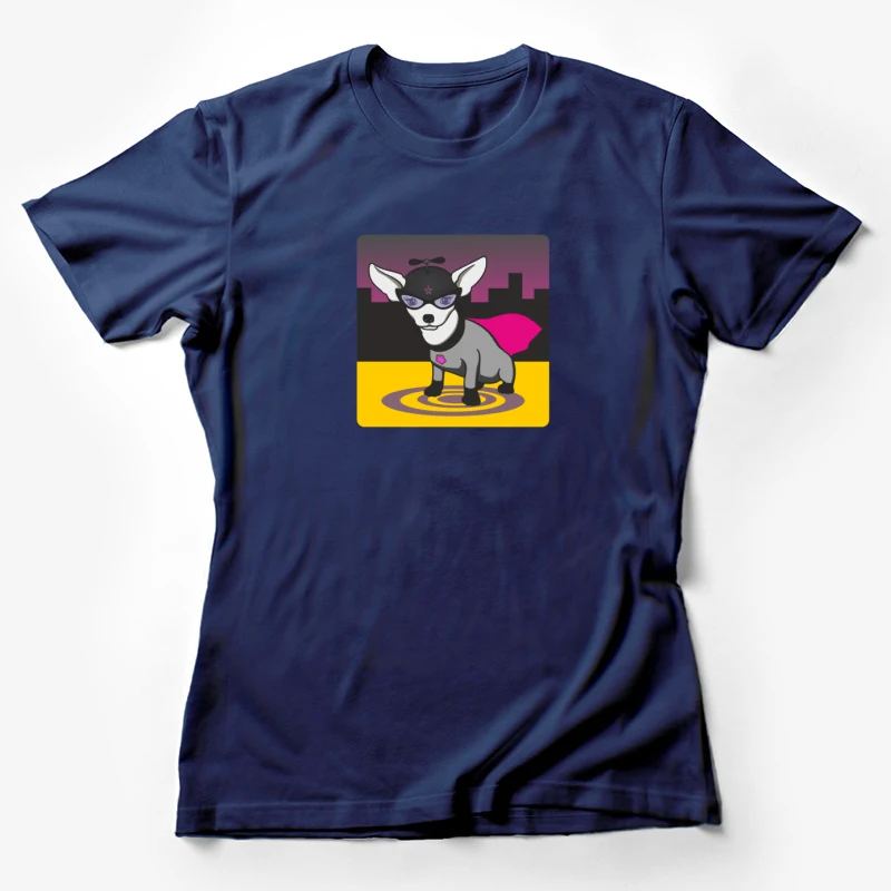 chihuahua superhero cartoon cape city skyline propeller hat purple eyes Female T-Shirt