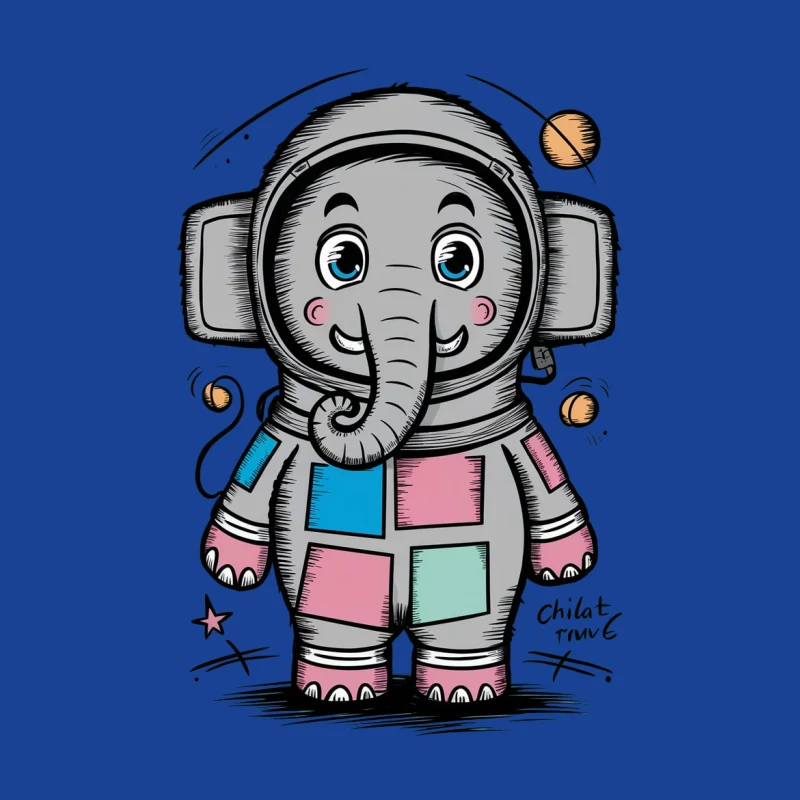 cartoon elephant astronaut cute colorful space illustration whimsical Male T-Shirt