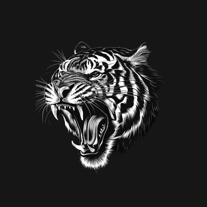 iger roaring black and white illustration fierce detailed wildlife Male T-Shirt