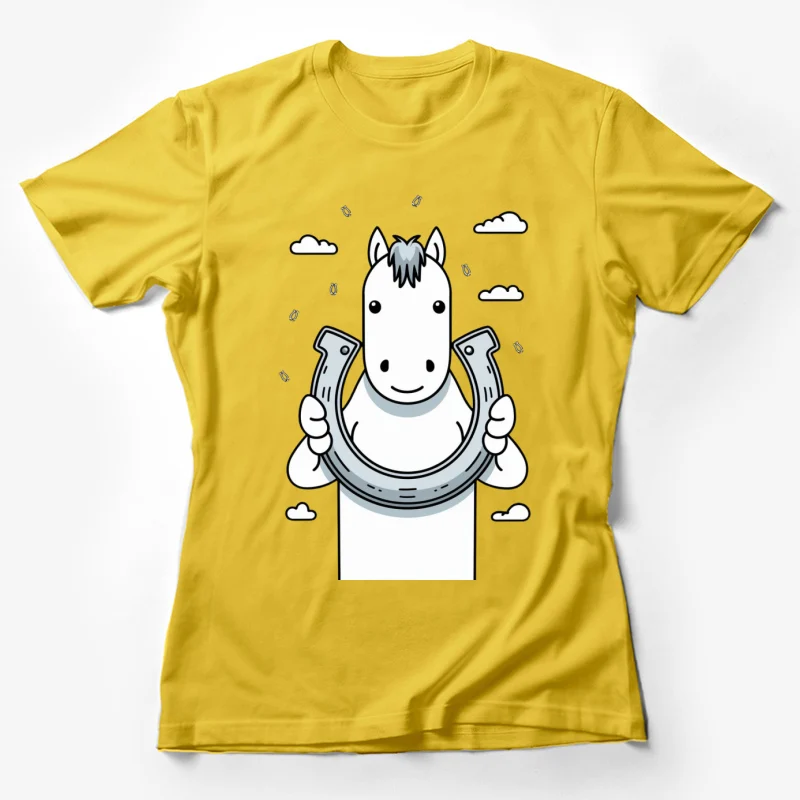 cartoon horse horseshoe clouds lucky charm cute illustration simple Female T-Shirt