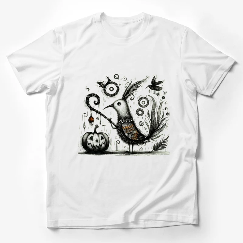 halloween surreal bird pumpkin illustration black and white whimsical gothic Male T-Shirt