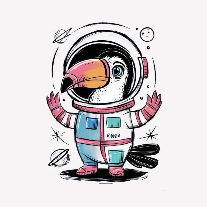 oucan astronaut space illustration cartoon character whimsical art cosmic bird space exploration cute masco Male T-Shirt