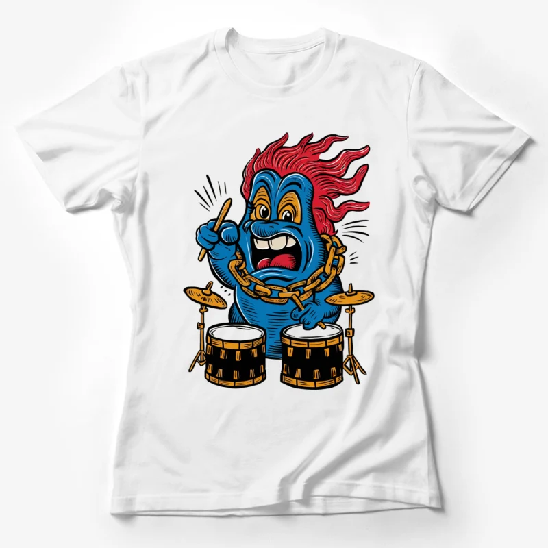 cartoon character drummer flame hair blue creature drums chains animated energetic Female T-Shirt