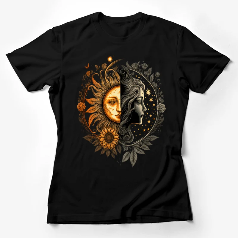 Sun and moon duality nature celestial flowers artistic symmetry Female T-Shirt