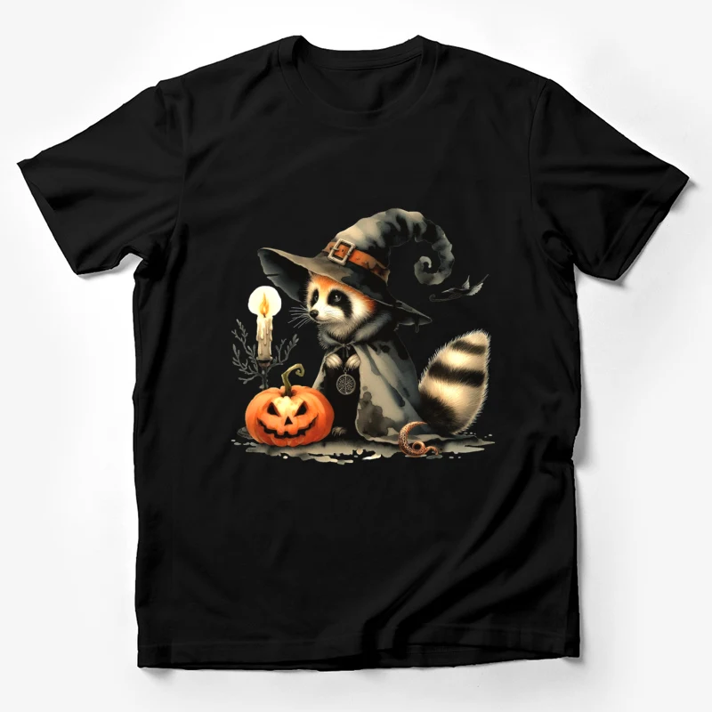 halloween raccoon witch hat pumpkin candle cute illustration whimsical Male T-Shirt