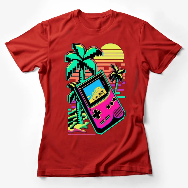 Retro gaming pixel art palm trees handheld console 8-bit graphics tropical scene Female T-Shirt