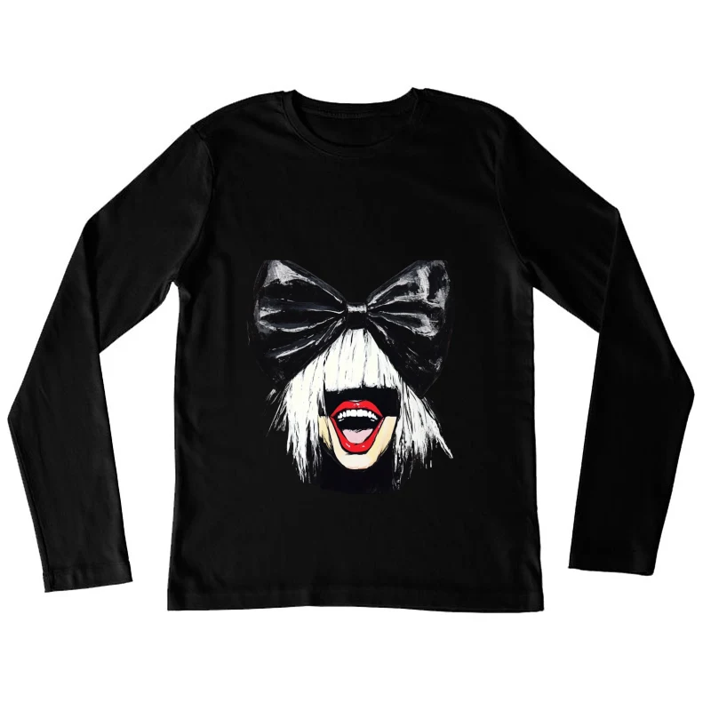 Pop Art Portrait with Oversized Bow and Bold Red Lips Female Long Sleeve T-Shirt