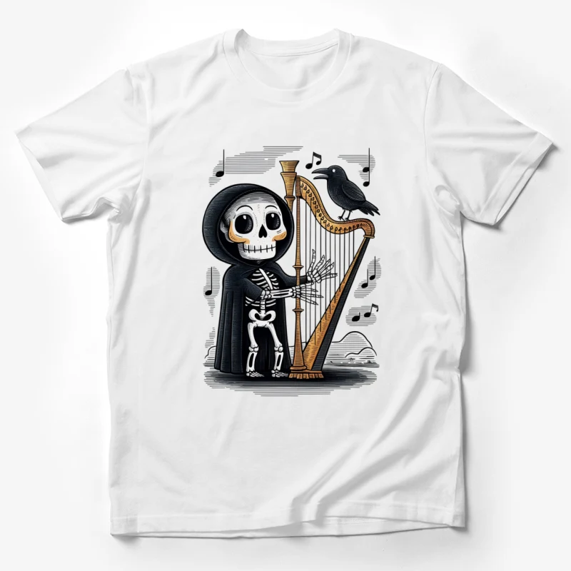 skeleton harp raven musical notes gothic cartoon halloween illustration Male T-Shirt