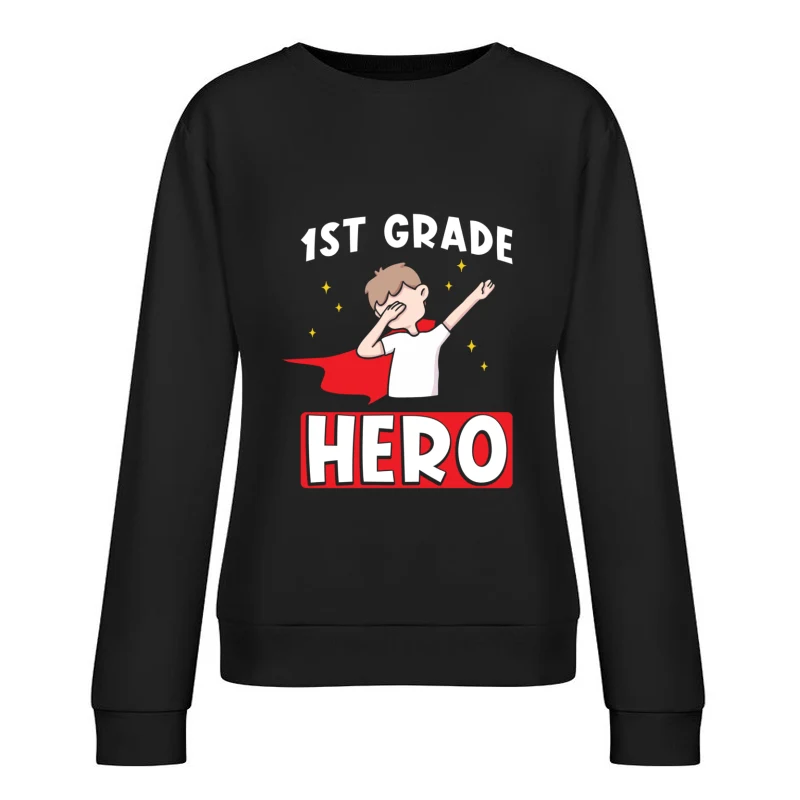 Cartoon Child Superhero with Red Cape and Stars Female Pullover Sweatshirt