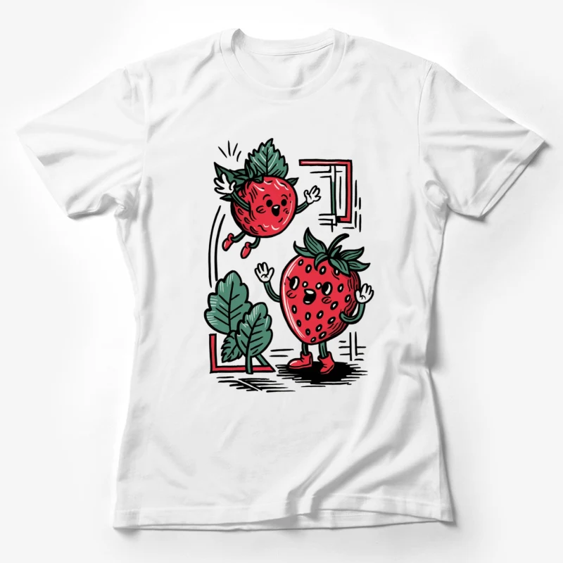 strawberry characters cartoon fruit cute illustration anthropomorphic food red and green whimsical art hand-drawn style Female T-Shirt