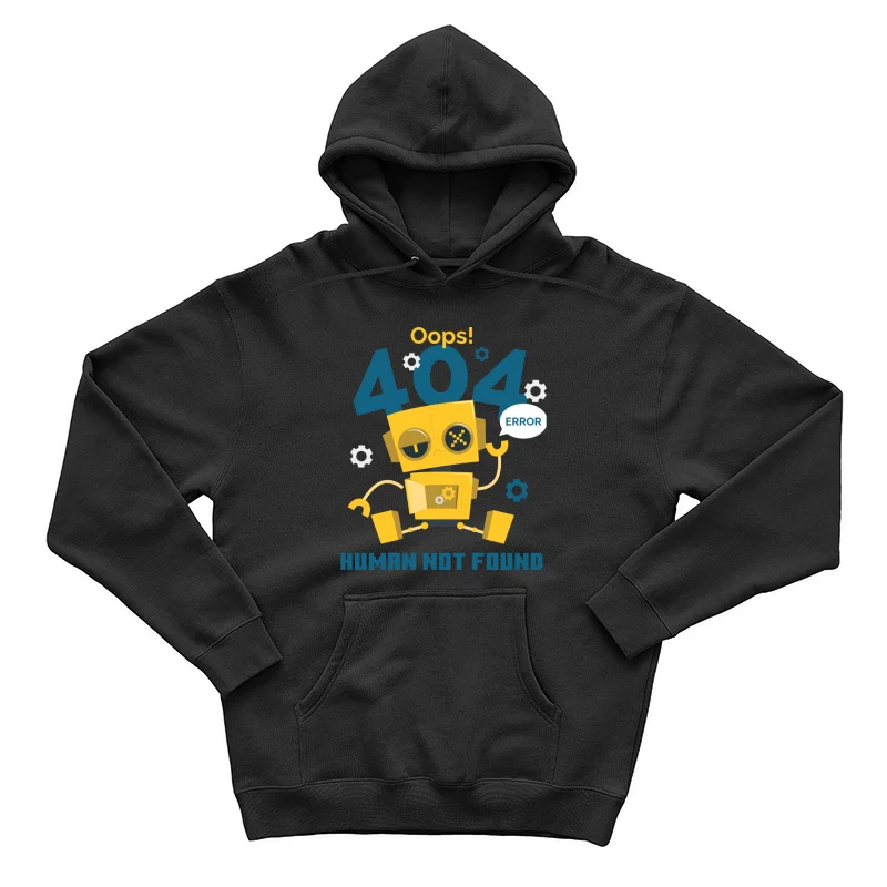 Cute 404 Error Robot: "Human Not Found" Tech Humor Illustration Male Pullover Hoodie