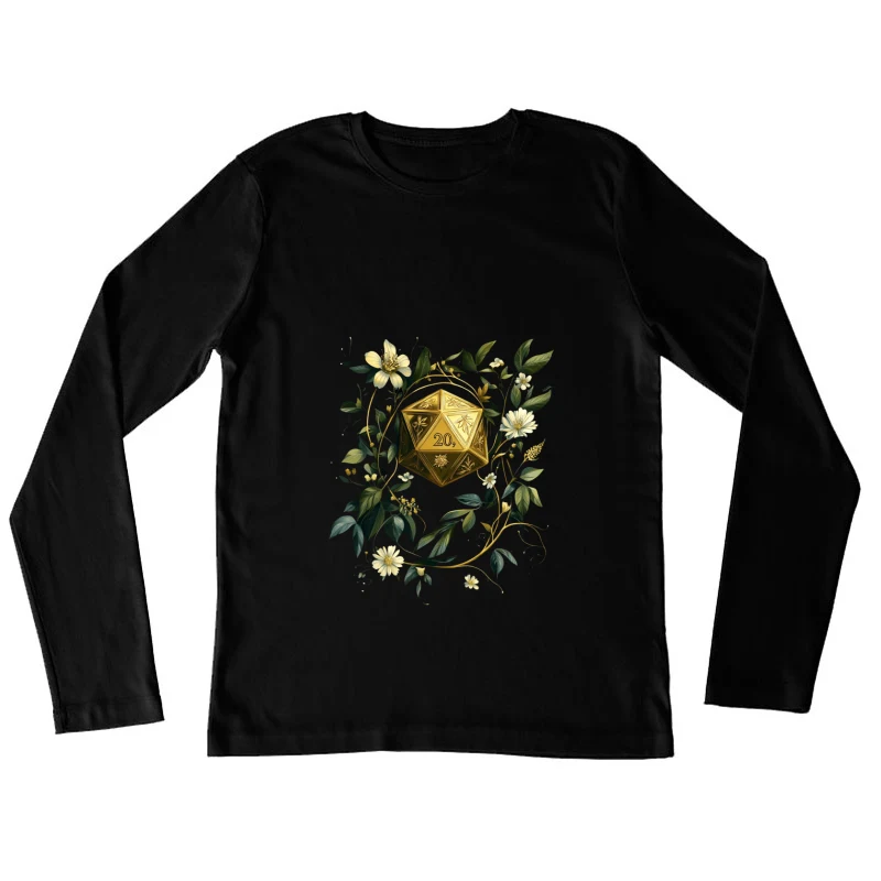 Botanical D20: Golden Fantasy Dice Amidst Floral Elegance Female Long Sleeve T-Shirt