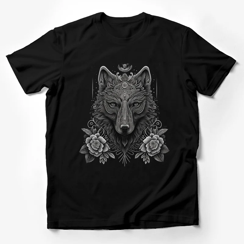 Wolf illustration floral ornate black and white detailed Male T-Shirt