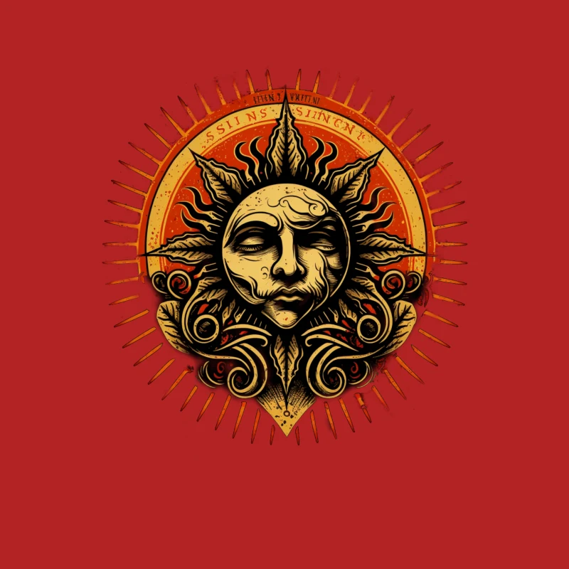 Sun face celestial ornate design mythological illustration golden red decorative Male T-Shirt