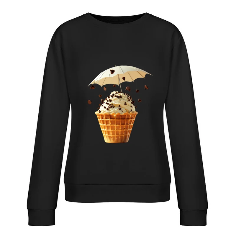 Whimsical Ice Cream Cone with Chocolate Chip Rain under Umbrella Female Pullover Sweatshirt