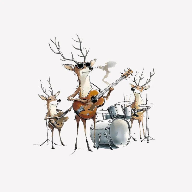 cartoon animals deer band musical instruments guitar drums cool deer smoking deer sunglasses Male T-Shirt