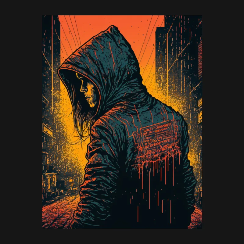 Cyberpunk hooded figure urban night scene illustration dark atmosphere orange glow Female T-Shirt