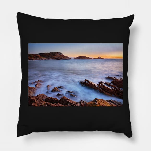 Mumbles Lighthouse, Bracelet Bay, Swansea Pillow by dasantillo