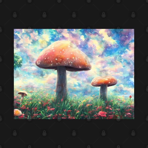 Giant fantasy mushrooms under a cotton candy sky by Virtually River