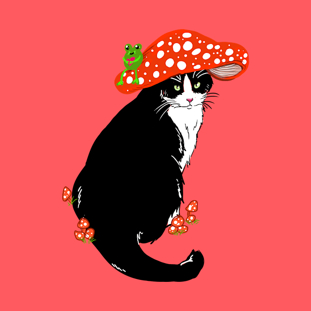 Whimsical Tuxedo Cat Wearing a Mushroom Hat by ckrickett