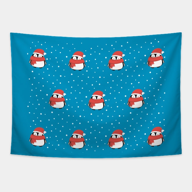 Winter cute penguins pattern with snow. Tapestry by CraftCloud