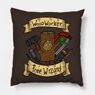 woodworker, tree wizard. carpentry craftsmen banner. Pillow