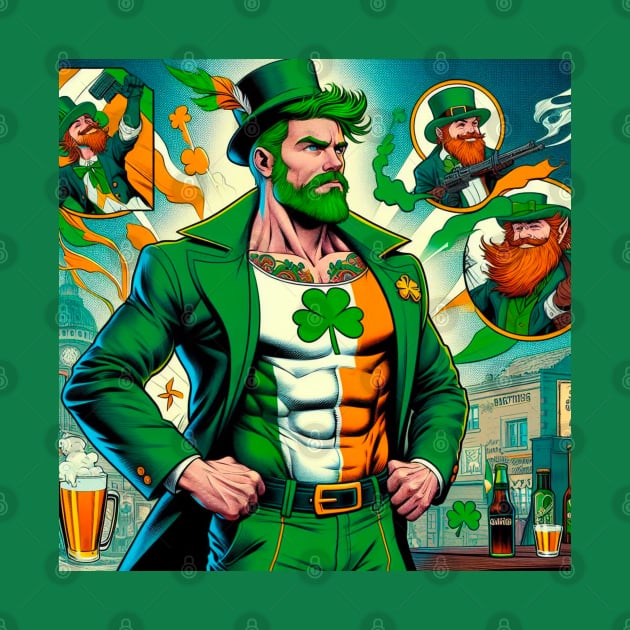 Irish Male Comic Book Superhero with Leprechaun by Woodpile