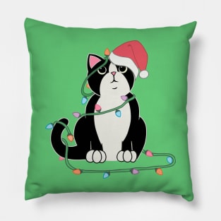 Tuxedo Cat Christmas lights funny cat lover xmas hat Pillow