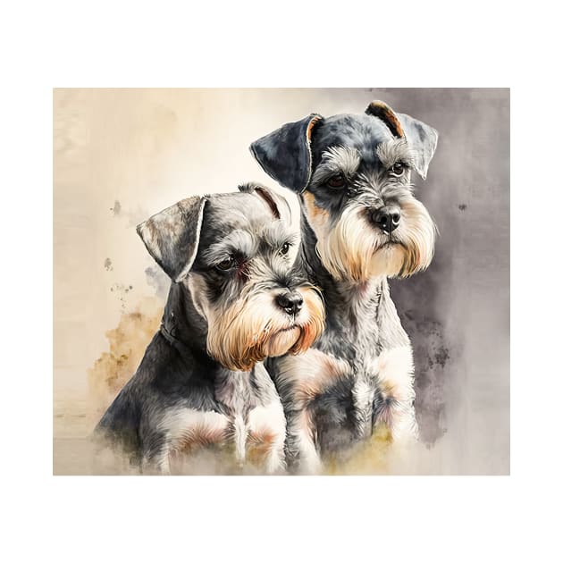 Two Miniature Schnauzers Playing Watercolour Painting by TheArtfulAI