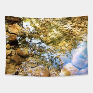 Reflection, lake, trees, pebbles, sparkle, shine, summer, river, aqua, water, spring, holiday, xmas, nature, adventure, rocks, sun, exotic, tropical, blue, turquoise, navy, light Tapestry