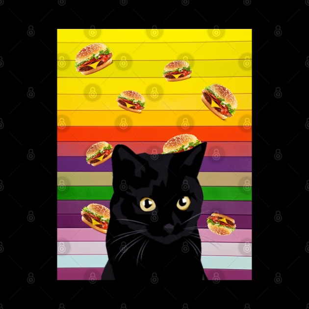 Black cat and burgers, Black cat collage art by reesea