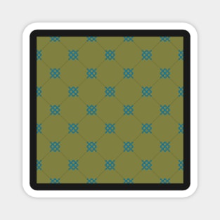 Diamond pattern on dark olive green background with interlocking teal blue motifs. A simple design with classic style. Magnet