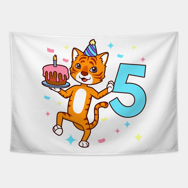 I am 5 with tiger - boy birthday 5 years old Tapestry by Modern Medieval Design