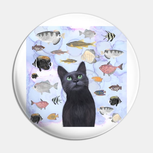 The Hungry Black Cat Gazing at a Fish Tank Pin by andreeadumez