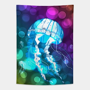 Neon Jellyfish With Lens Flare Background Tapestry