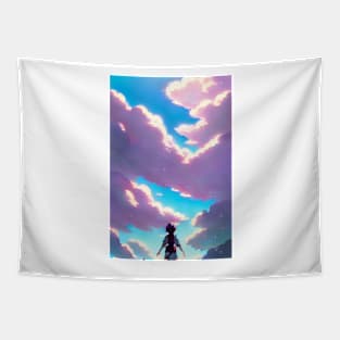 Anime Girl Pink Clouds Landscape Tapestry