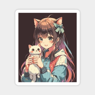 happy Cute anime girl with cute white Cat in kawaii Magnet