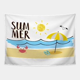 Summer, crab, parasol, slippers, beach, waves, sun Tapestry