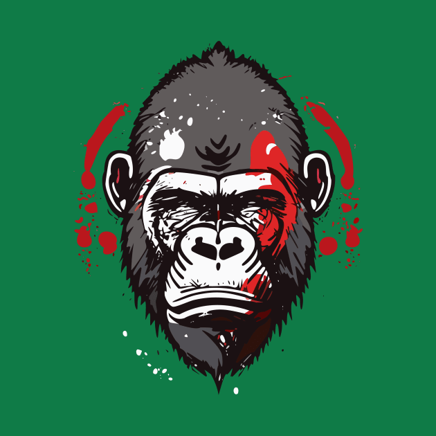 t-shirt design, gorilla with red paint splatters on its face, poster art by goingplaces