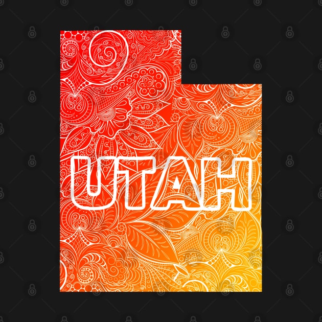 Colorful mandala art map of Utah with text in red and orange by Happy Citizen