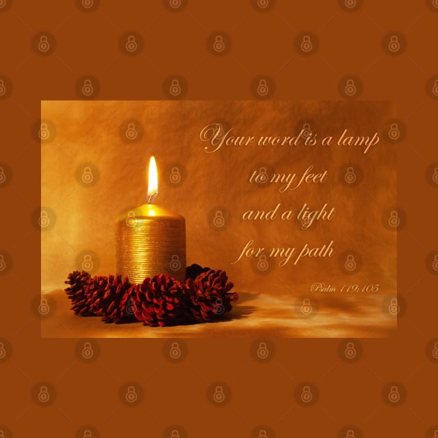 Bible quote with Christmas candle in golden light with pine cones by SPJE Illustration Photography