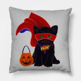 Halloween Kitten Dressed As A Superhero Costume Pillow