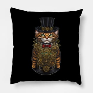 Steampunk Feline: Top Hat Cat with Mechanical Gears Pillow