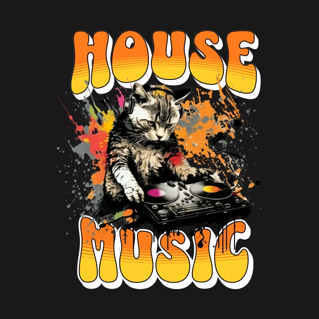 HOUSE MUSIC  - Feline Dj On Decks 3 (white, orange) by DISCOTHREADZ 