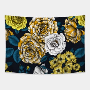 Yellow, white and bi-color roses with blue leaves on black Tapestry