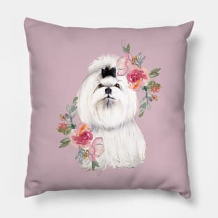 Cute White Shih Tzu with Flowers Watercolor Art Pillow