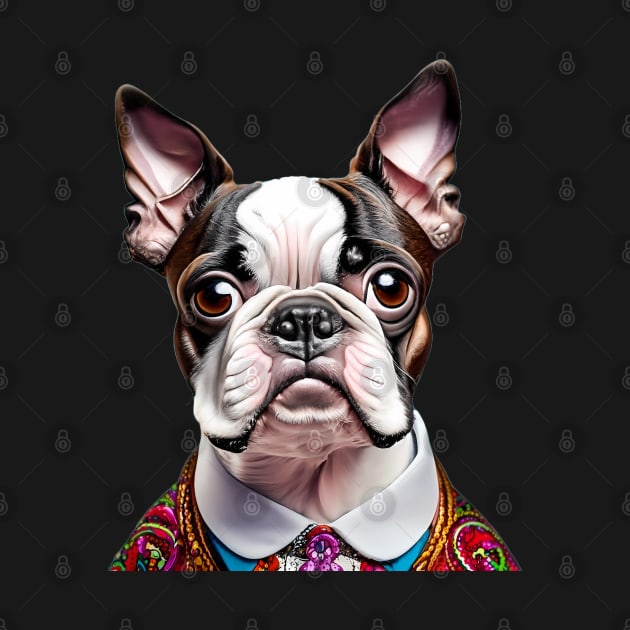 Boston Terrier in Flashy Colorful Outfit by FrogAndToadsWorkshop